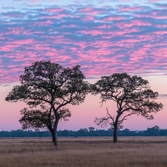 Obraz premium Pink Sunset Over African Savanna with Two Trees