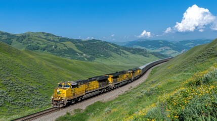 Obraz premium Scenic Mountain Railroad Freight Train Journey Panoramic Landscape