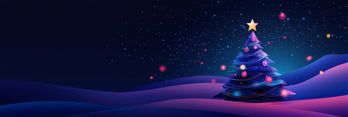 Fototapeta premium Christmas tree with colorful decorations on a dark blue background with bokeh lights, generative AI