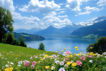 a field of flowers with mountains in the background. Generative AI