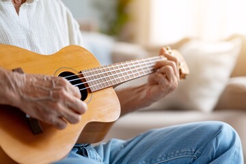 A person playing a ukulele indoors, enjoying music in a cozy environment.