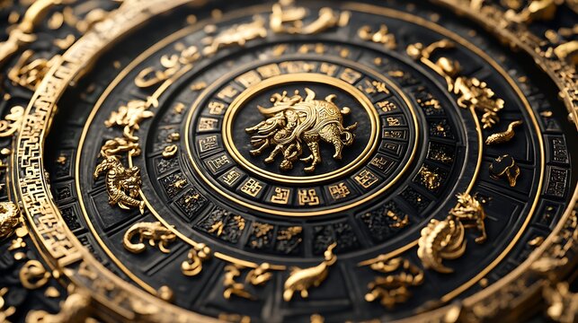 Close-up of an ornate circular zodiac design featuring twelve animals in gold on a black background.
