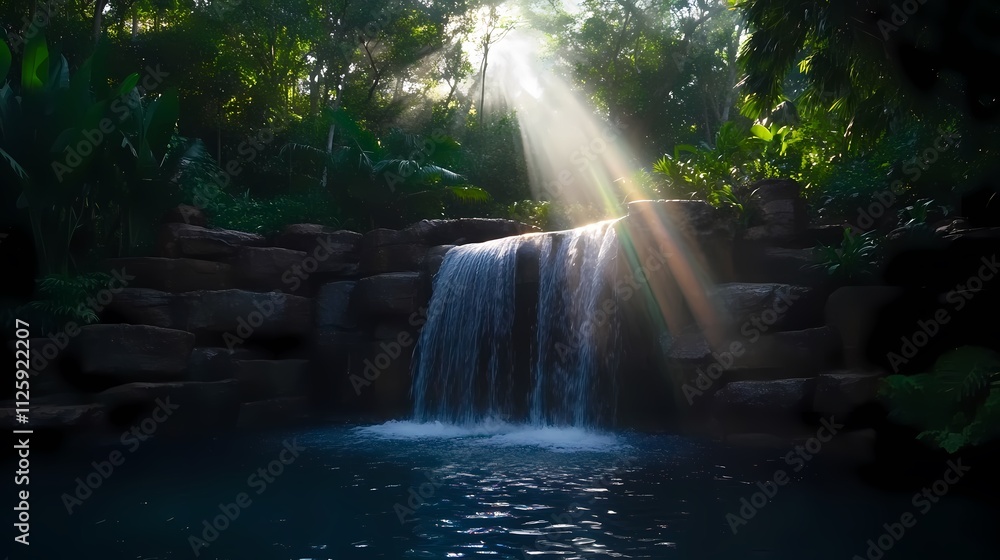 Poster sunbeams illuminate a tranquil waterfall cascading into a dark pool, surrounded by lush greenery.