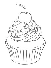 Adorable cupcake illustration with whipped cream details, perfect for coloring books, scrapbooking, or digital art. Fun and engaging linework design