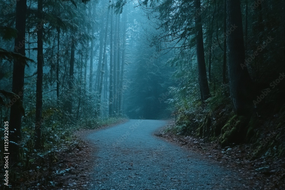 Aufkleber A serene forest pathway invites exploration, surrounded by towering trees and a mysterious fog that enhances the tranquil atmosphere. Generative AI