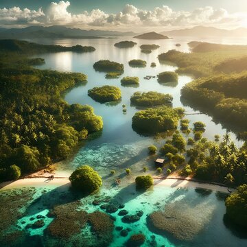  Coastal wetland ecosystem, mangrove forest and clear waters in Olango Island, Lapu-Lapu, Philippines.