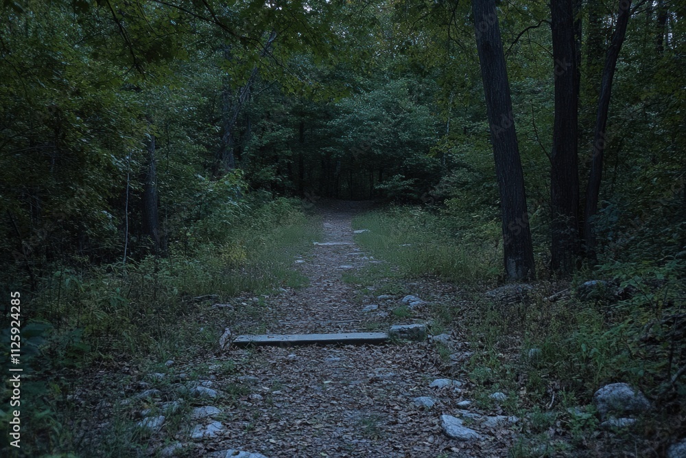 Poster a serene pathway invites exploration into a dense forest, surrounded by trees and overgrown greenery
