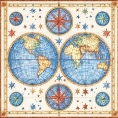 Vintage World Map with Compass Roses and Stars