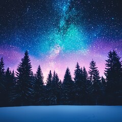 Winter Night Sky Over Snowy Pine Forest