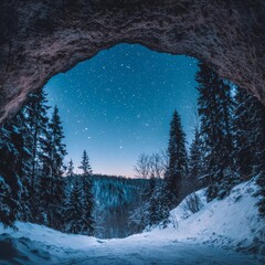 Winter Night Sky Seen From Cave Entrance