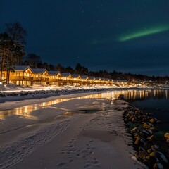 Winter Waterfront Cabins Under Aurora Borealis