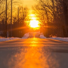 Winter Sunset Road, Snow Covered Country Lane