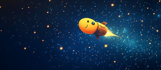 A spaceship emoji zooming through stars on a dark blue background