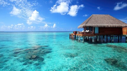 Overwater bungalow on turquoise ocean.