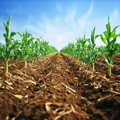 Young Corn Plants Growing in a Farm Field