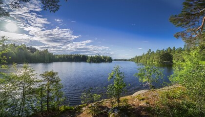 Tranquil lake nestled amidst towering mountains, reflecting a serene sky