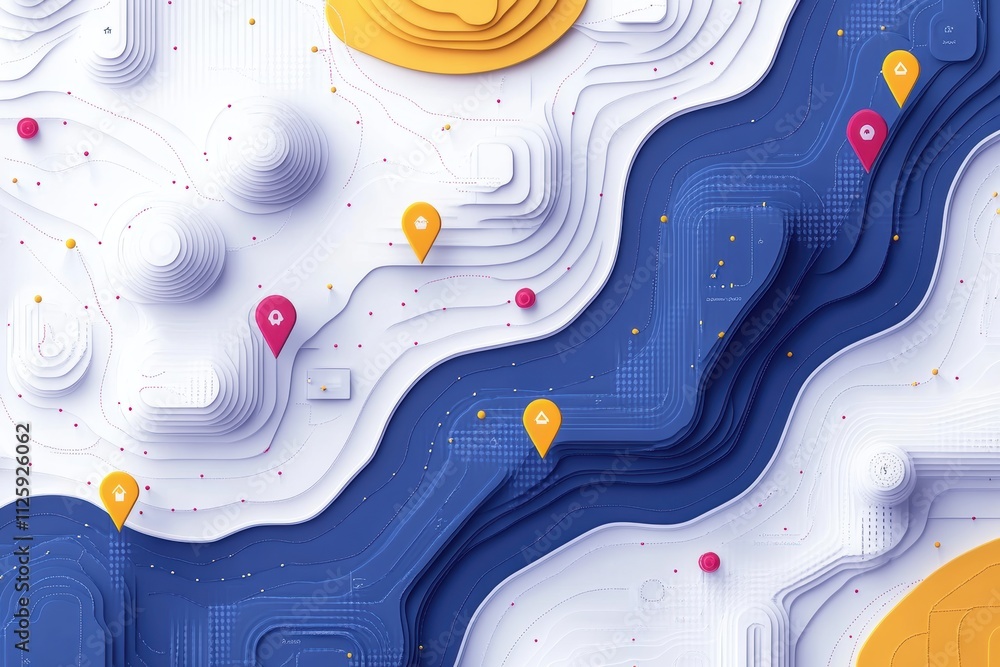 Poster abstract design featuring a stylized river with location markers and textures.