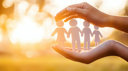 Protecting Your Family: Hands gently cradling paper cutouts of a family silhouetted against a warm sunset, symbolizing care, security, and the love that binds a family together.