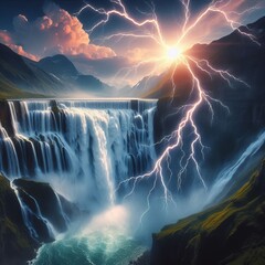 Waterfall Lightning Lightning striking near a powerful cascading