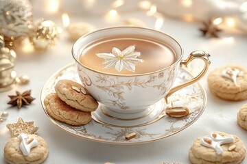 Tea and desserts in Victorian style concept. Elegant tea cup with cookies and festive decorations in soft lighting