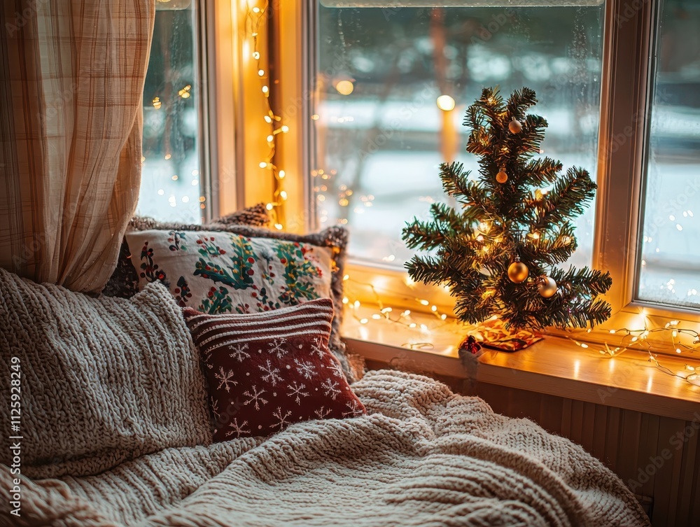 Poster create a cozy reading nook by the window with a blanket and festive lights during winter relaxation