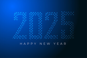 Modern Happy New Year text 2025 on a blue background