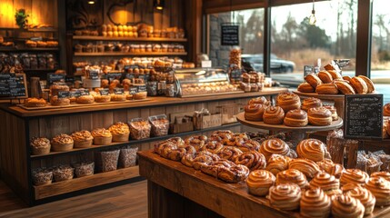 Warm light fills a charming bakery filled with an array of freshly baked pastries on wooden tables. Customers can enjoy a variety of sweet treats and bread, creating a cozy atmosphere.