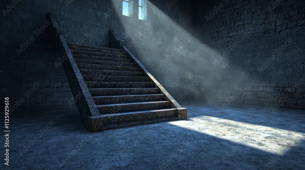 Poster mysterious stone staircase in dark bunker dungeon gothic architecture light rays s