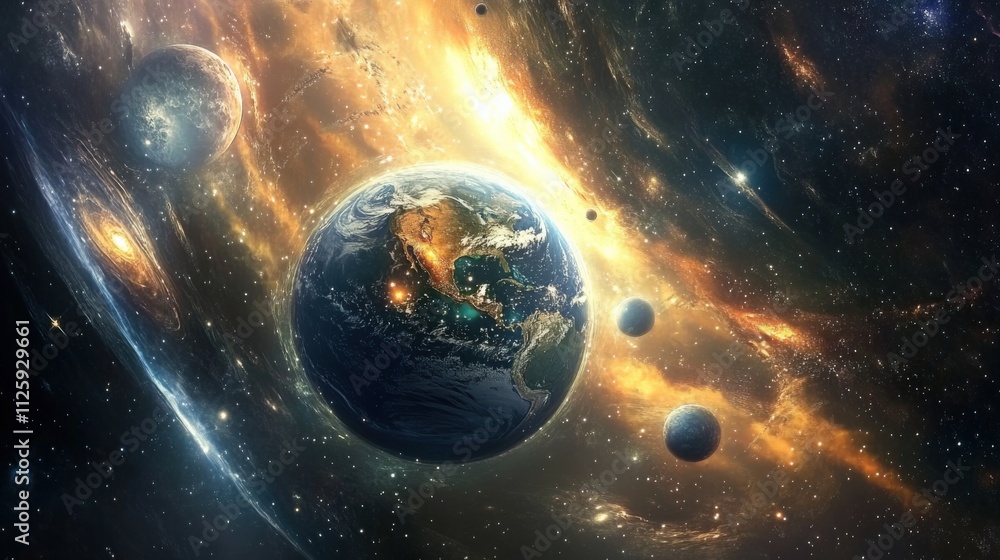 Wall mural beautiful view of earth in outer space with stars and planets