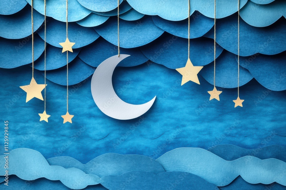 Poster A playful display shows a paper-crafted moon and stars hanging delicately from strings, creating a whimsical night atmosphere in blue tones. Generative AI
