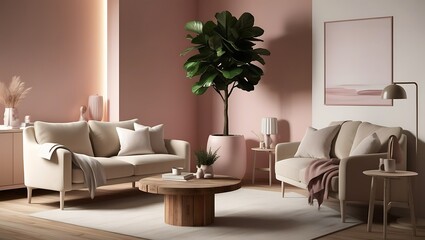 Modern pink living room interior with two beige sofas, wooden furniture, and large plant.