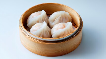 Delicious Steamed Shrimp Dumplings in Bamboo Steamer