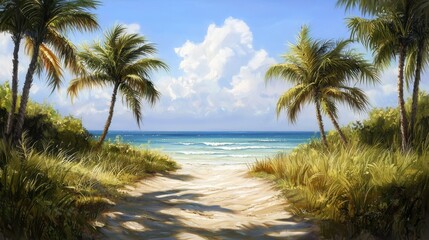 Fototapeta premium Strolling along an idyllic beach path to the ocean tropical paradise panoramic view coastal serenity nature's beauty