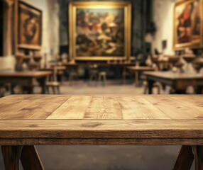 Rustic wooden table in blurred art gallery background.