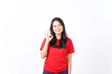 Showing Okay Sign, Approve Concept Of Beautiful Asian Woman Wearing Red Shirt Isolated On White Background