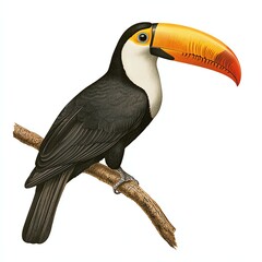 Fototapeta premium A vibrant toucan perched on a branch, showcasing its striking yellow and orange beak against dark feathers and a white throat.