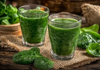 Two glasses of fresh spinach smoothie on rustic wooden table with spinach leaves.