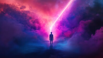 Solitary Figure Before Cosmic Beam: A Surreal Nightscape