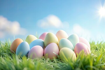 Fototapeta premium Minimalist Easter Eggs Blue Sky Background - Pastel Spring Holiday Image