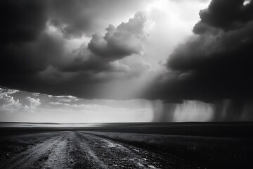 A dramatic black-and-white landscape featuring a road leading to a stormy horizon.