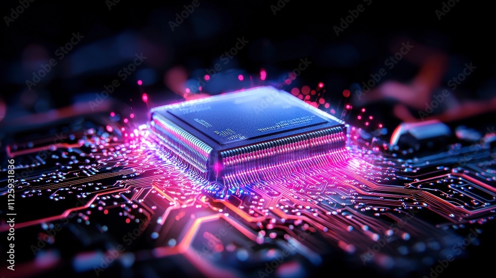 Poster high tech microchip on circuit board glowing close up technology innovation digital