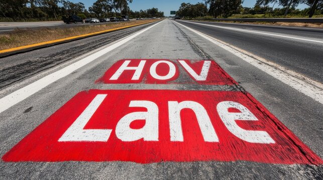 Newly Painted HOV Lane Marking in Bright Detail