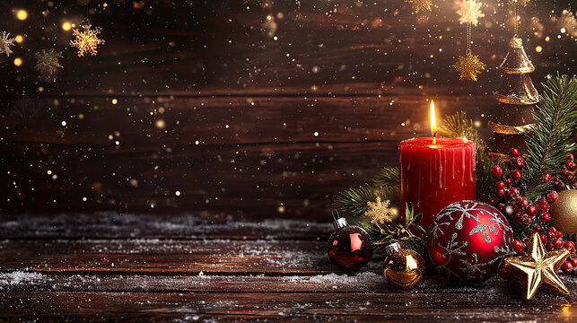 red candle with christmas decoration on rustic wood - advent background with wreath on first advent，the candle is on the right side of the picture， - banner, header, panorama, background - classic xma