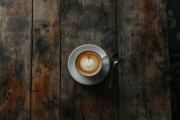 Top view of a latte with heart art in a white cup on a rustic wooden table.