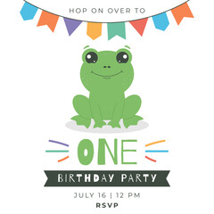 Greeting and invitation for kids first Birthday party. Cute baby frog in flat childrens style. Vector illustration, design for card, poster, event, prints