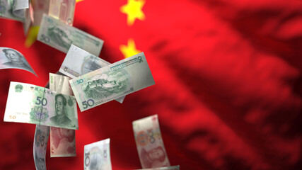 Falling Chinese Yuan Banknotes Against a Blurred Chinese Flag, Symbolizing Economic Fluctuations and Uncertainty in the Chinese Financial Market.