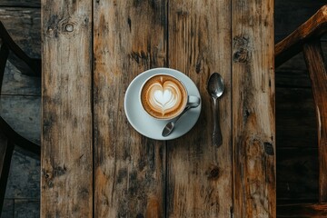 Top view of latte art in a cup on rustic wooden table.