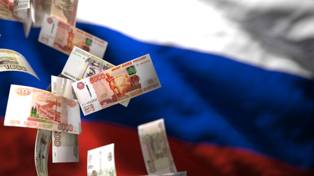 A Visual Representation of Falling Russian Ruble Banknotes Against a Blurred Russian Flag, Highlighting Economic Instability and Sanctions Impact.