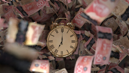Time is Money. A Dramatic Visual of a Vintage Alarm Clock Falling Through a Shower of Canadian Banknotes, Representing the Value of Time and Financial Urgency.