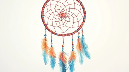 72.Ethnic-style dreamcatcher with a detailed web pattern in the center, embellished with carefully placed beads and soft, graceful feathers that dangle from the base in an elegant vector silhouette;